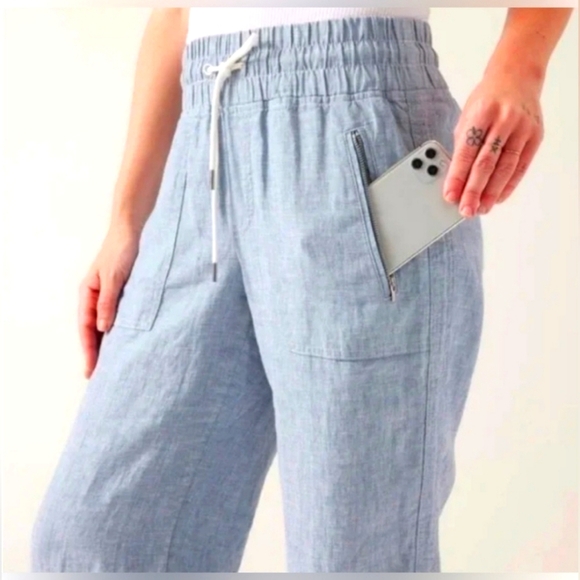 NWT Athleta Cabo 100%  Linen Wide Leg Pants Womens Sz 4 Blue Boho Zipper Pocket - Picture 3 of 16
